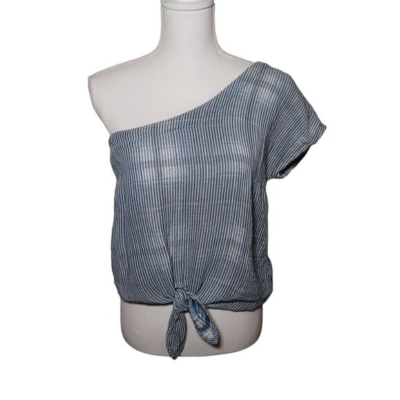 Bella Dahl One-Shoulder Tie Front Blue/White Striped Cotton‎ Blouse S - Picture 1 of 12